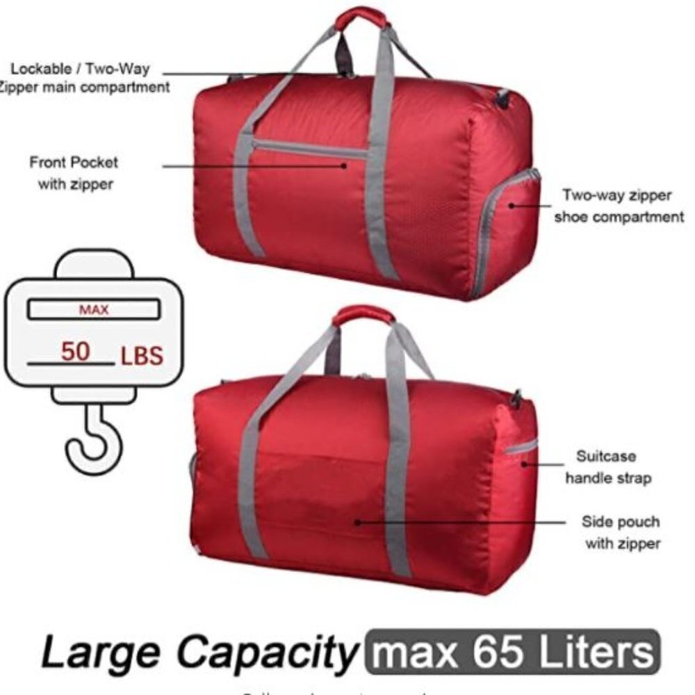 New 65L Travel Duffel Bag Foldable/Lightweight,RED - Picture 3 of 15